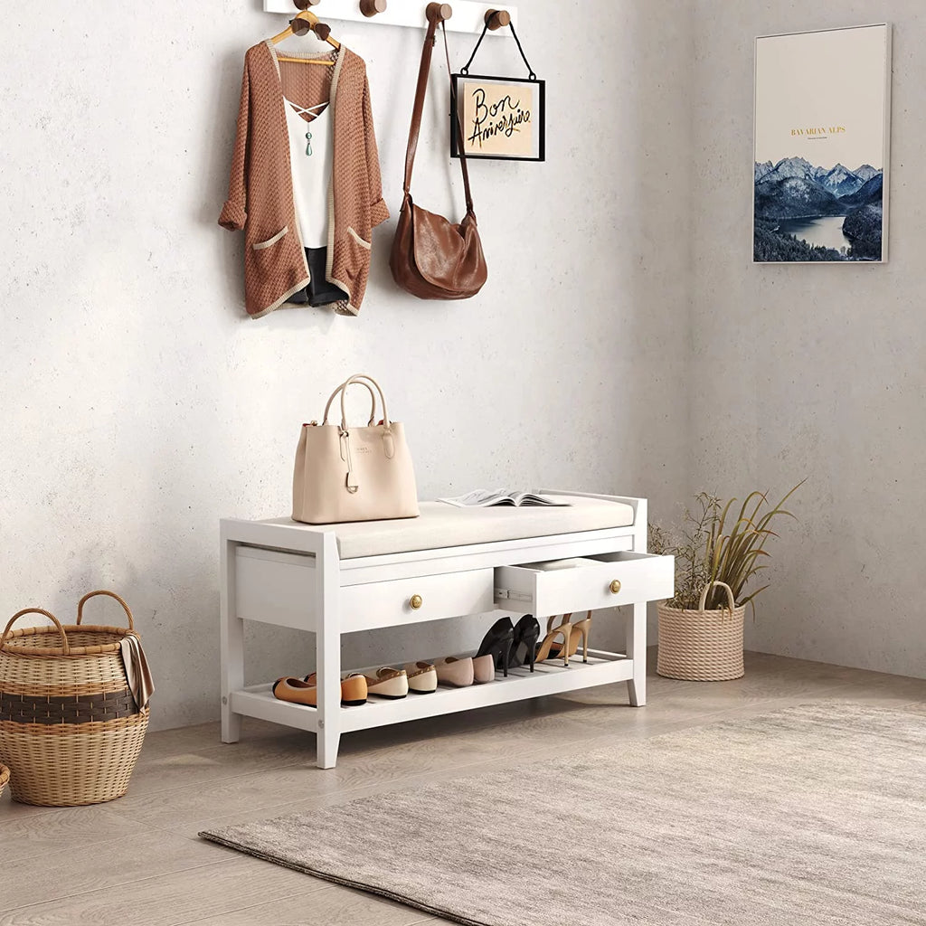 Blue Shoe Storage Bench with Cushioned Seat and 2 Drawers M709