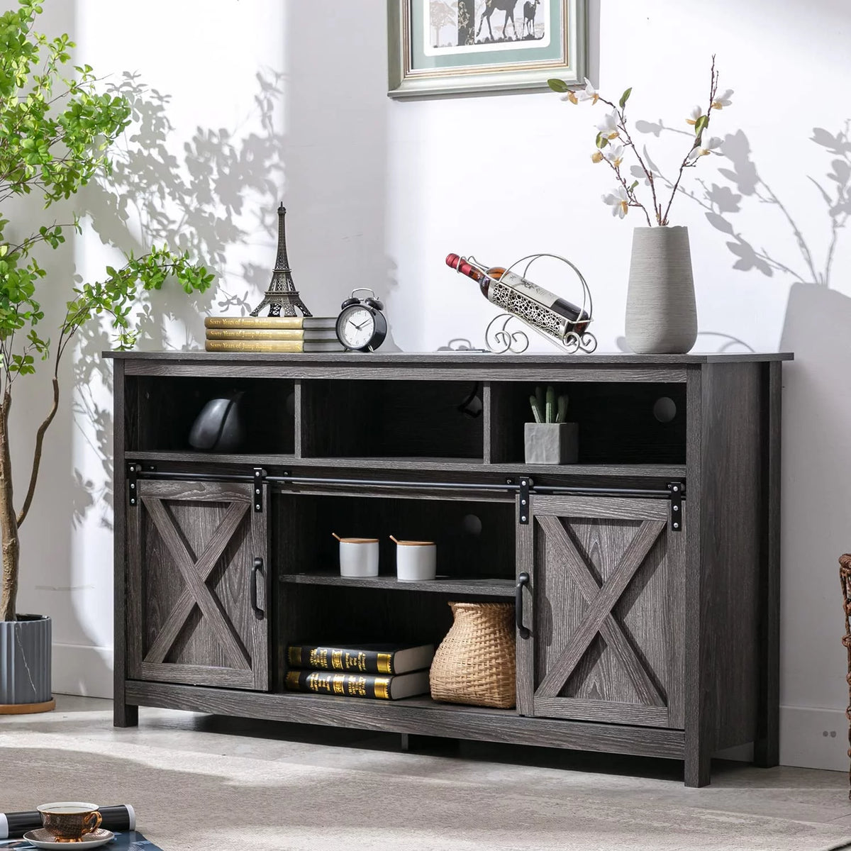 Farmhouse Barn Door TV Cabinet Media Console with Open Shelves White O9157