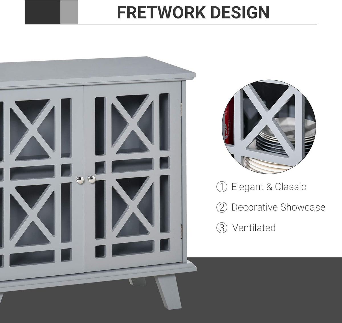 Grey Wood Storage Cabinet with Fretwork Doors C27912