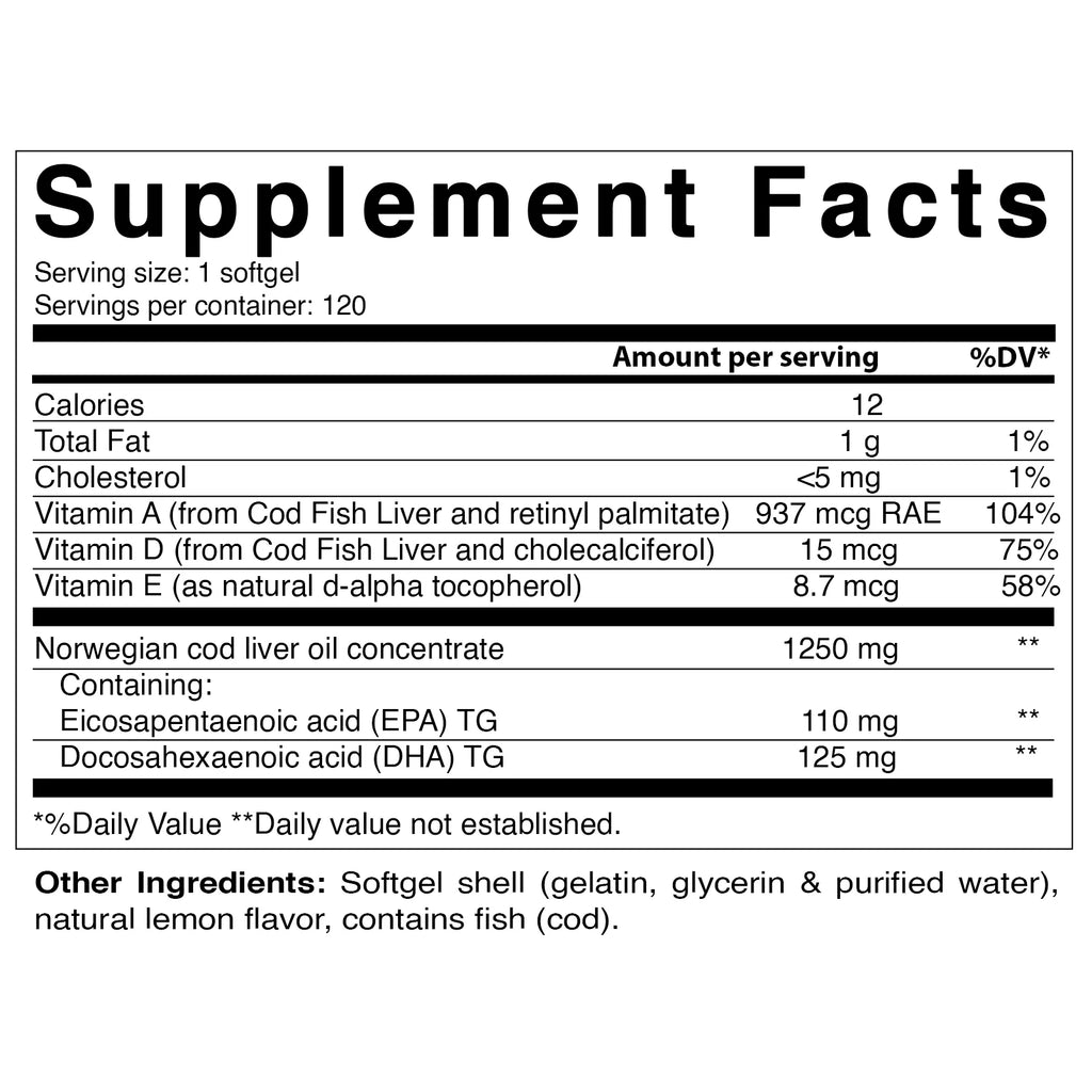 Cod Liver Oil 1250mg 120 Softgels Lemon Flavor N6852