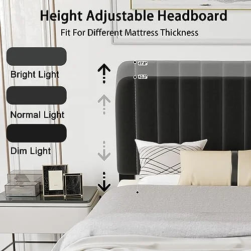 Queen Size Platform Bed Frame with Headboard Grey O900404