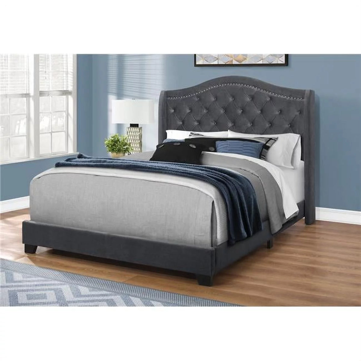 Dark Grey Velvet Queen Size Bed with Chrome Trim L82330