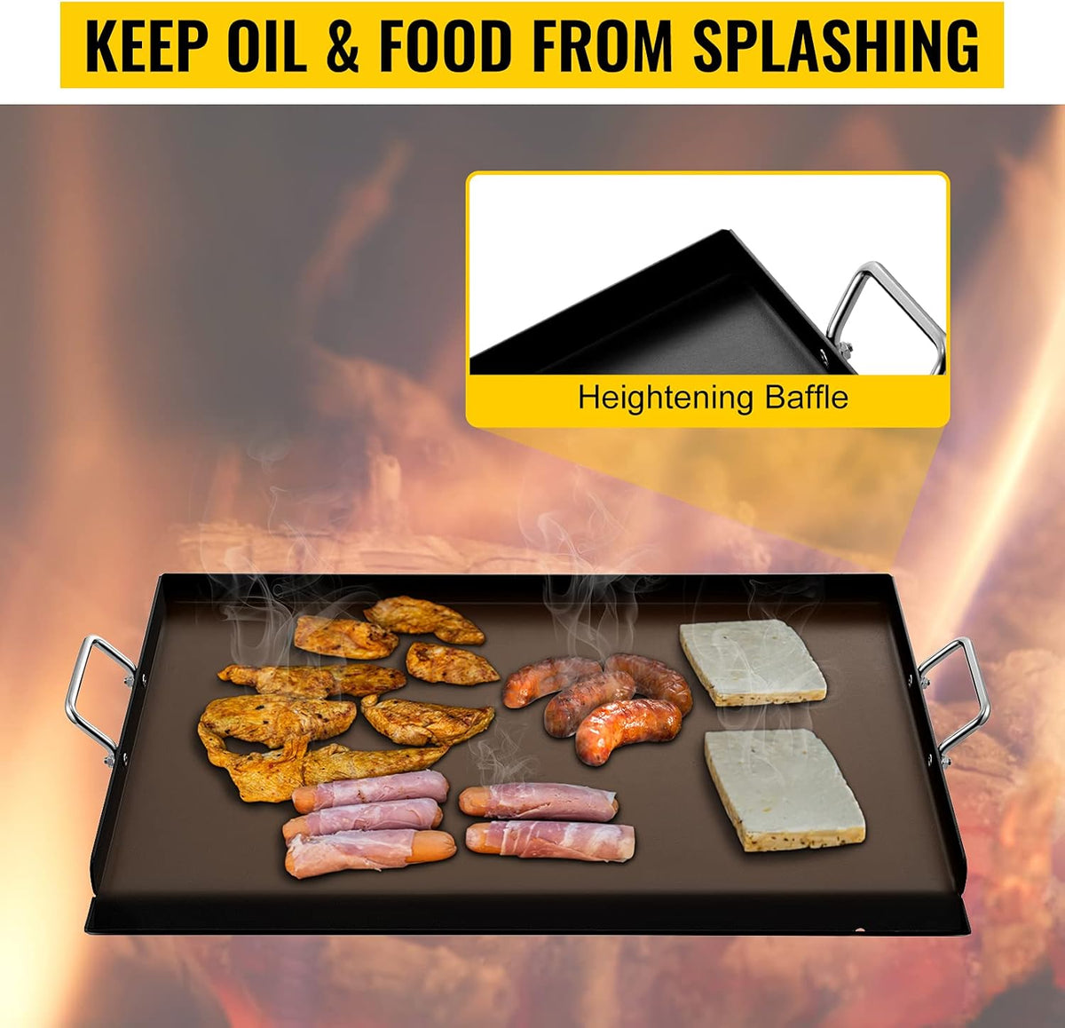 Carbon Steel Griddle, 16 x 37 Flat Top Plate with 2 Handles R596