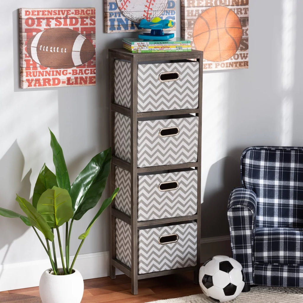 Grey and White Fabric 4-Basket Tallboy Storage Unit Q399368