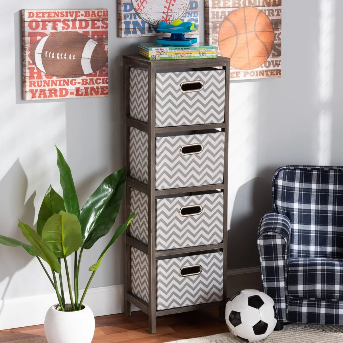 Grey and White Fabric 4-Basket Tallboy Storage Unit Q399368