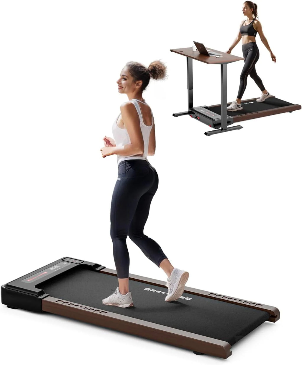 Under Desk Treadmill, Brown Wood Electric Treadmill with Remote Control W99856
