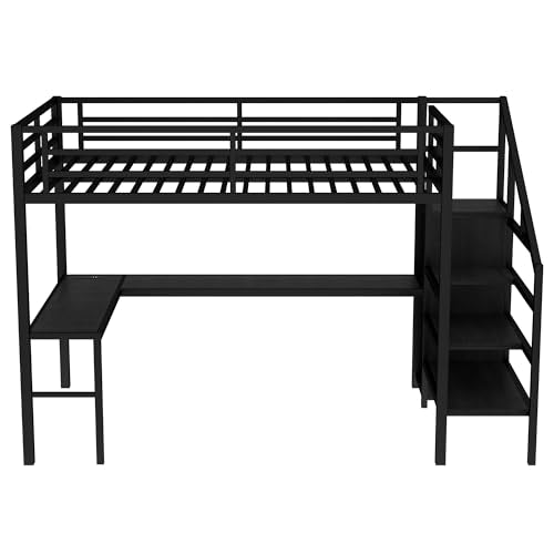 Black Full Loft Bed with L-shaped Desk, USB, Wardrobe & Stairs Z8500