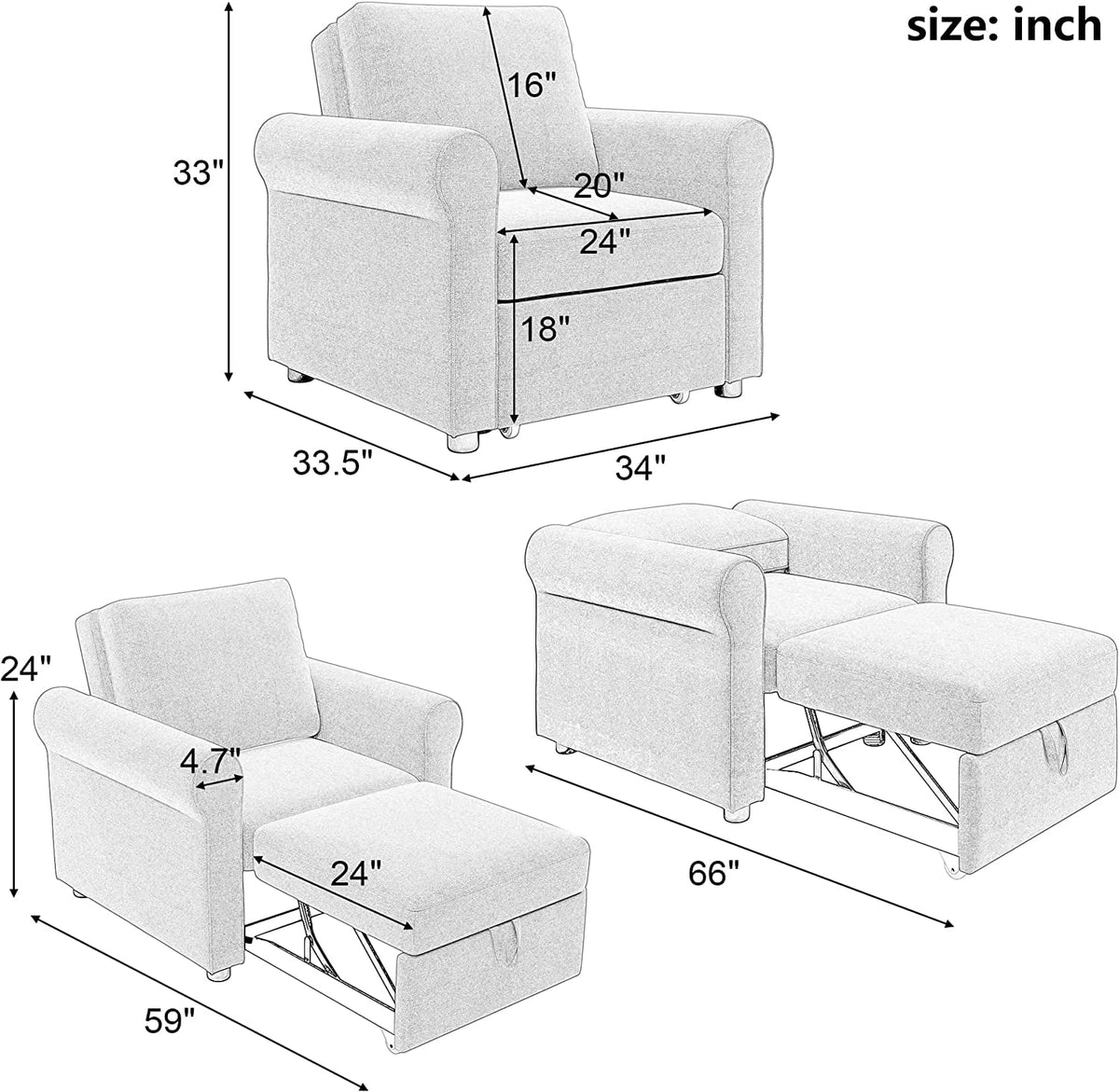 Dark Blue Convertible Sleeper Chair Bed T11593