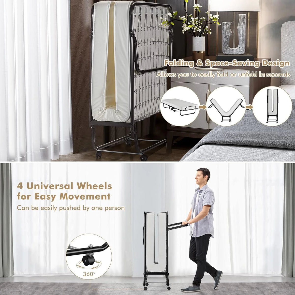 Folding Bed with Memory Foam Mattress and Wheels O938053