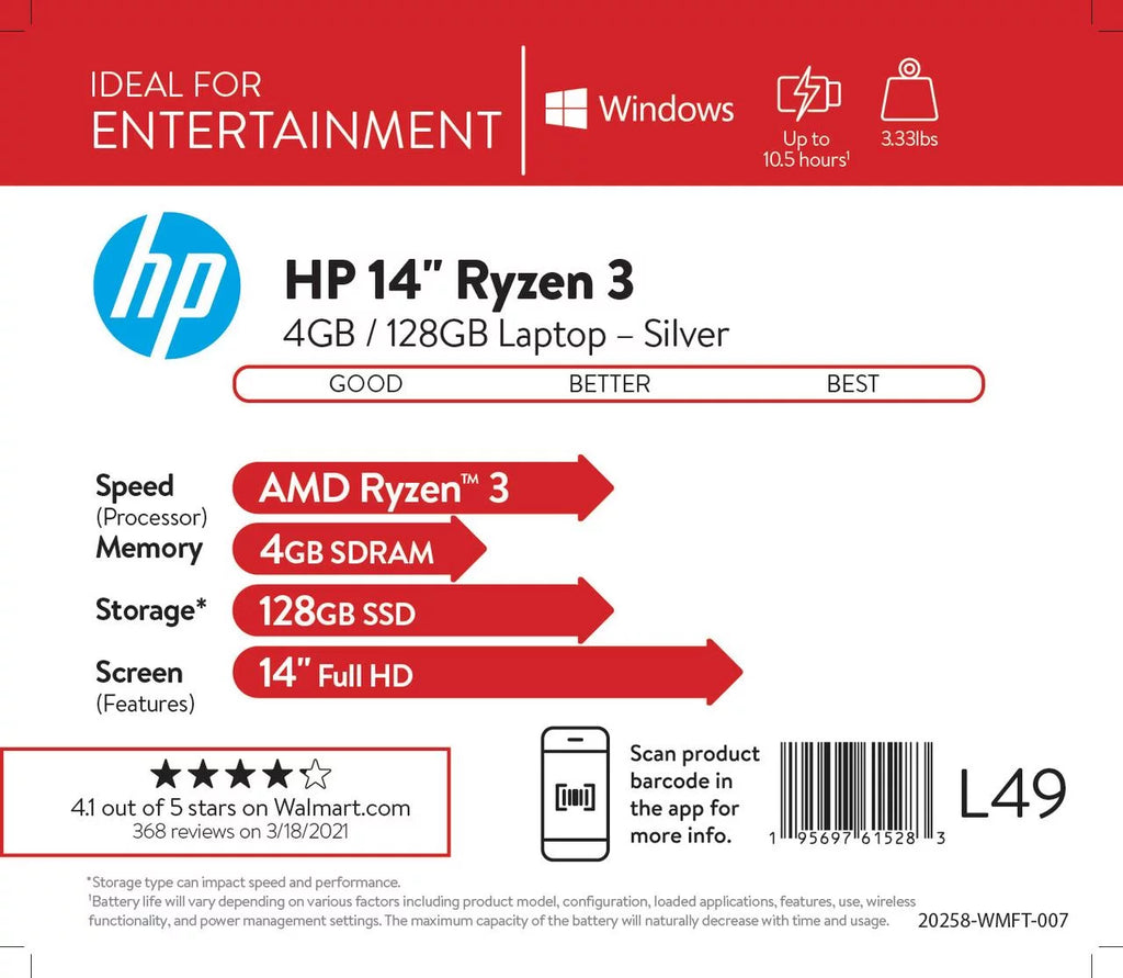 14" FHD AMD Ryzen 3 4GB RAM 1TB HDD Silver Windows 10 Z237808