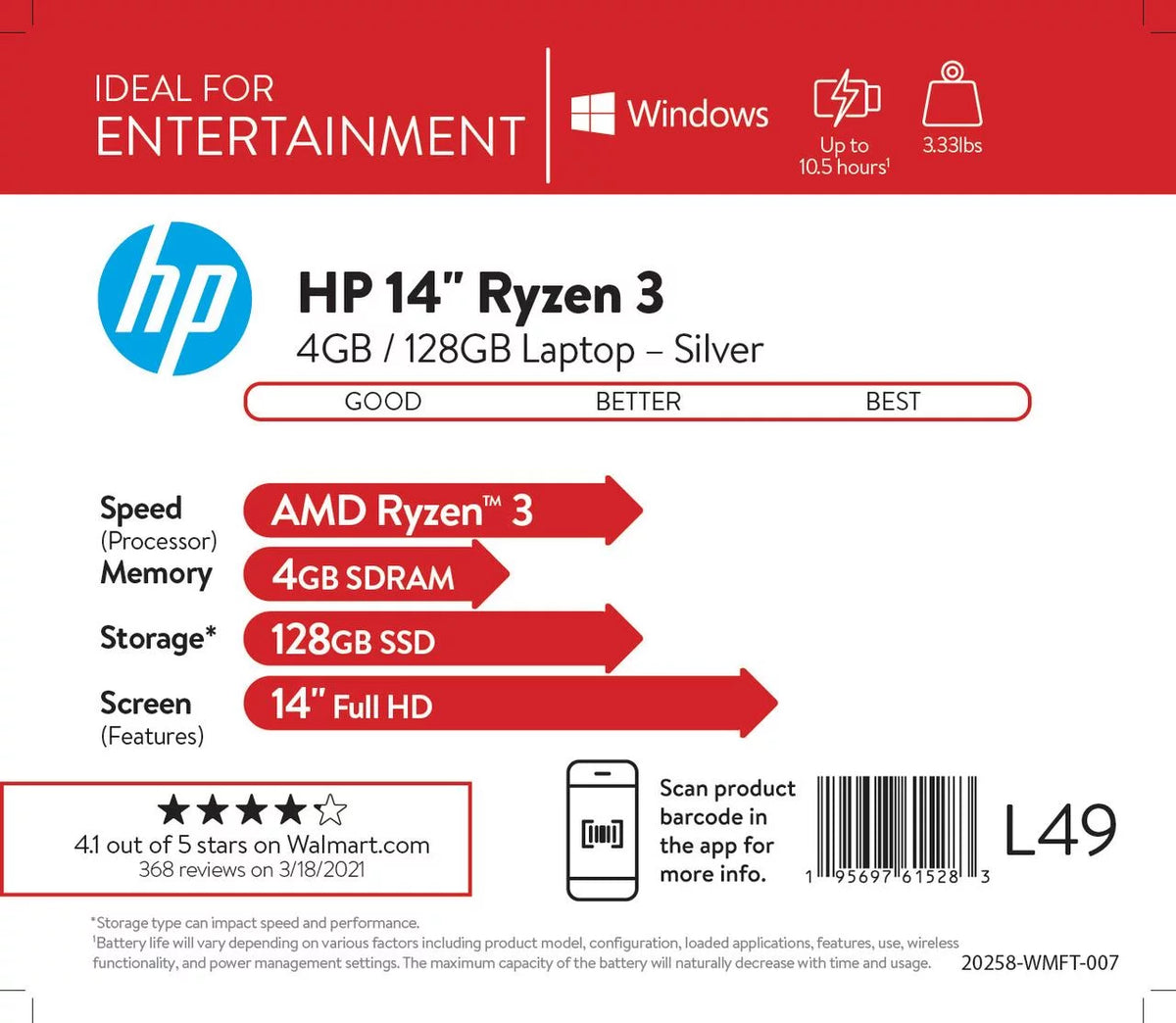 14" FHD AMD Ryzen 3 4GB RAM 1TB HDD Silver Windows 10 Z237808