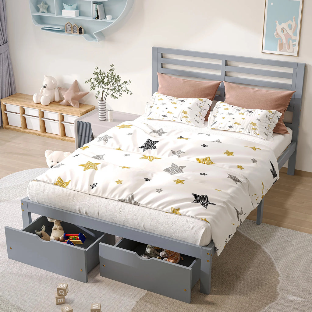 Gray Pine Wood Full Size Platform Bed Frame with Headboard and Drawers G955129