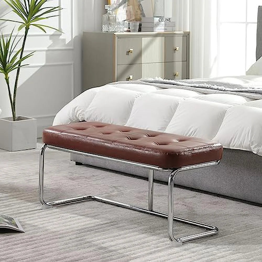 39 Inch Upholstered Leather Dining Bench with Metal Legs V364