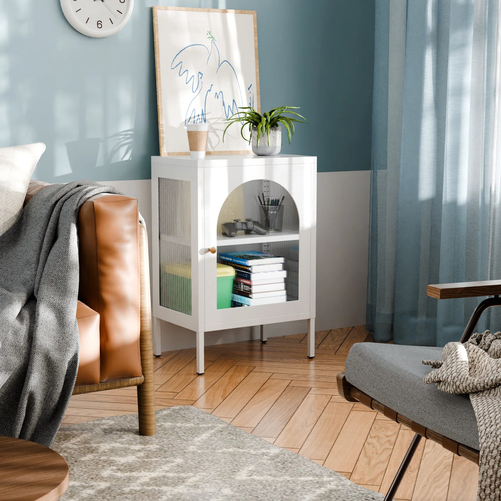 White Metal Buffet Storage Cabinet with Glass Doors K936508