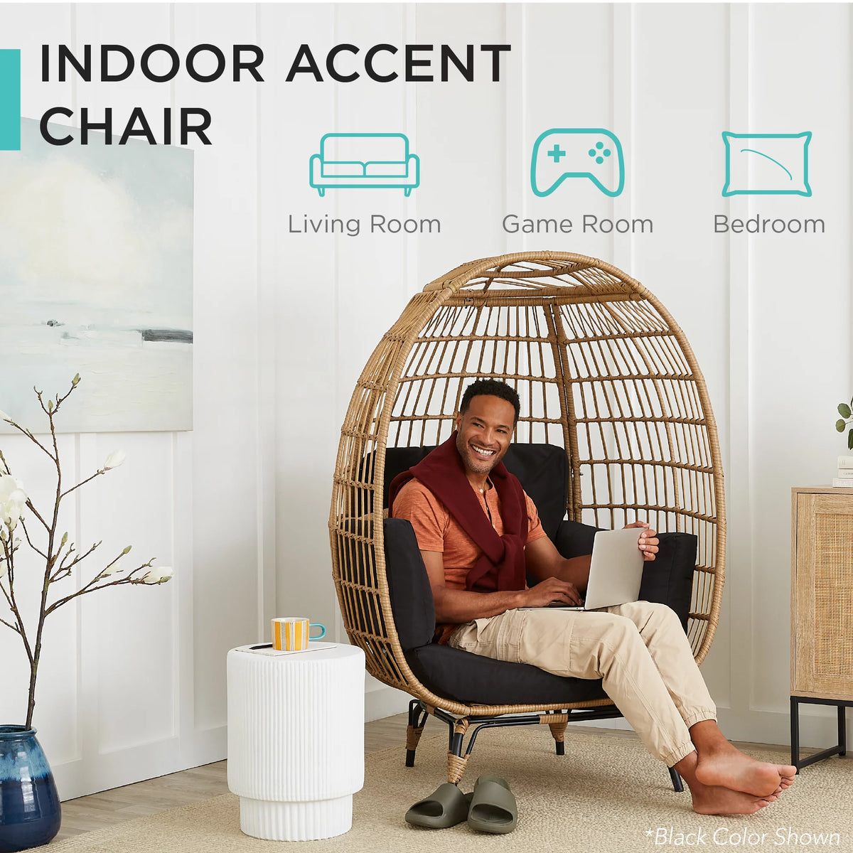 Oversized Black Wicker Egg Chair with Steel Frame K599552