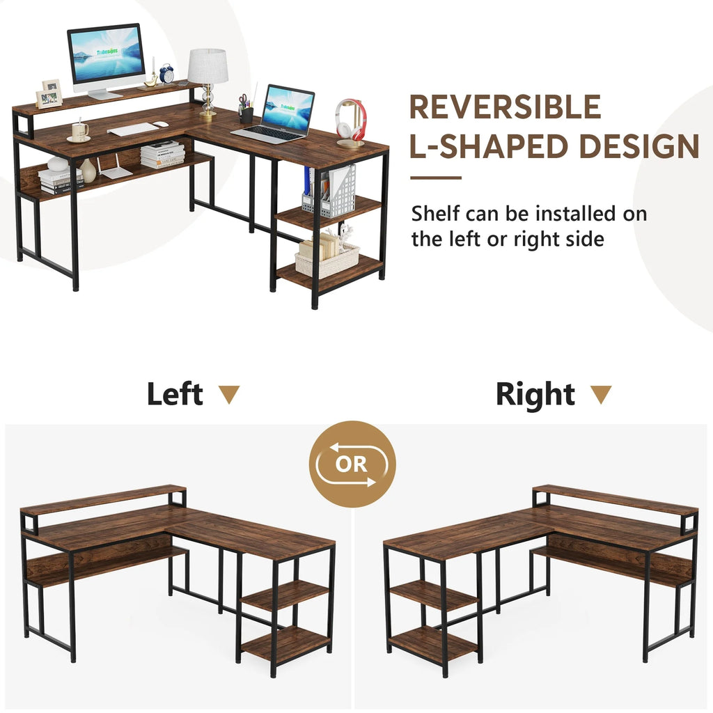 59" L Shaped Desk with Monitor Stand and Storage Shelf Z945