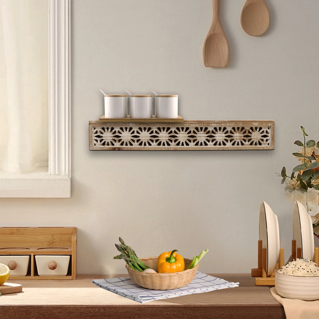 Hand-Carved Wooden Floral-Patterned Floating Wall Shelf X672473