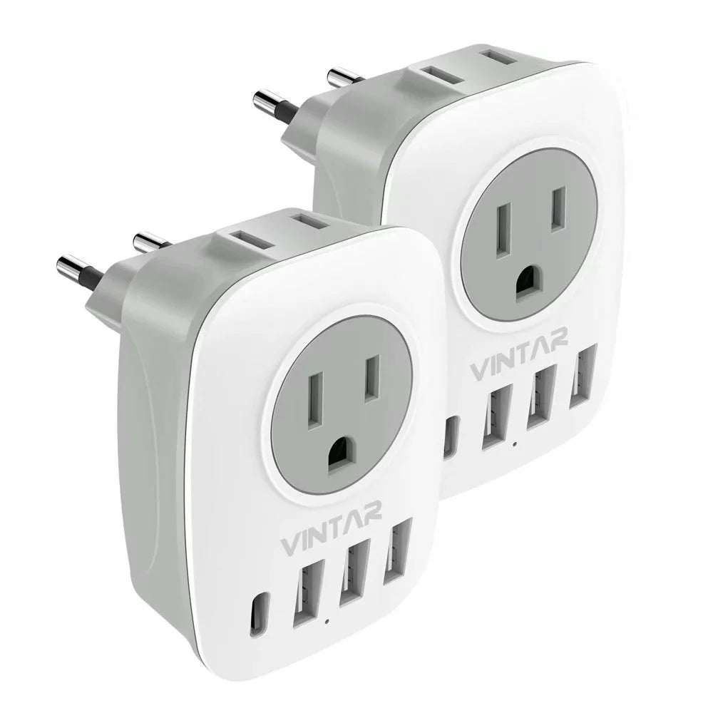 European Travel Plug Adapter with 1 USB C, 2 Outlets and 3 USB Ports, 2 Pack O33573