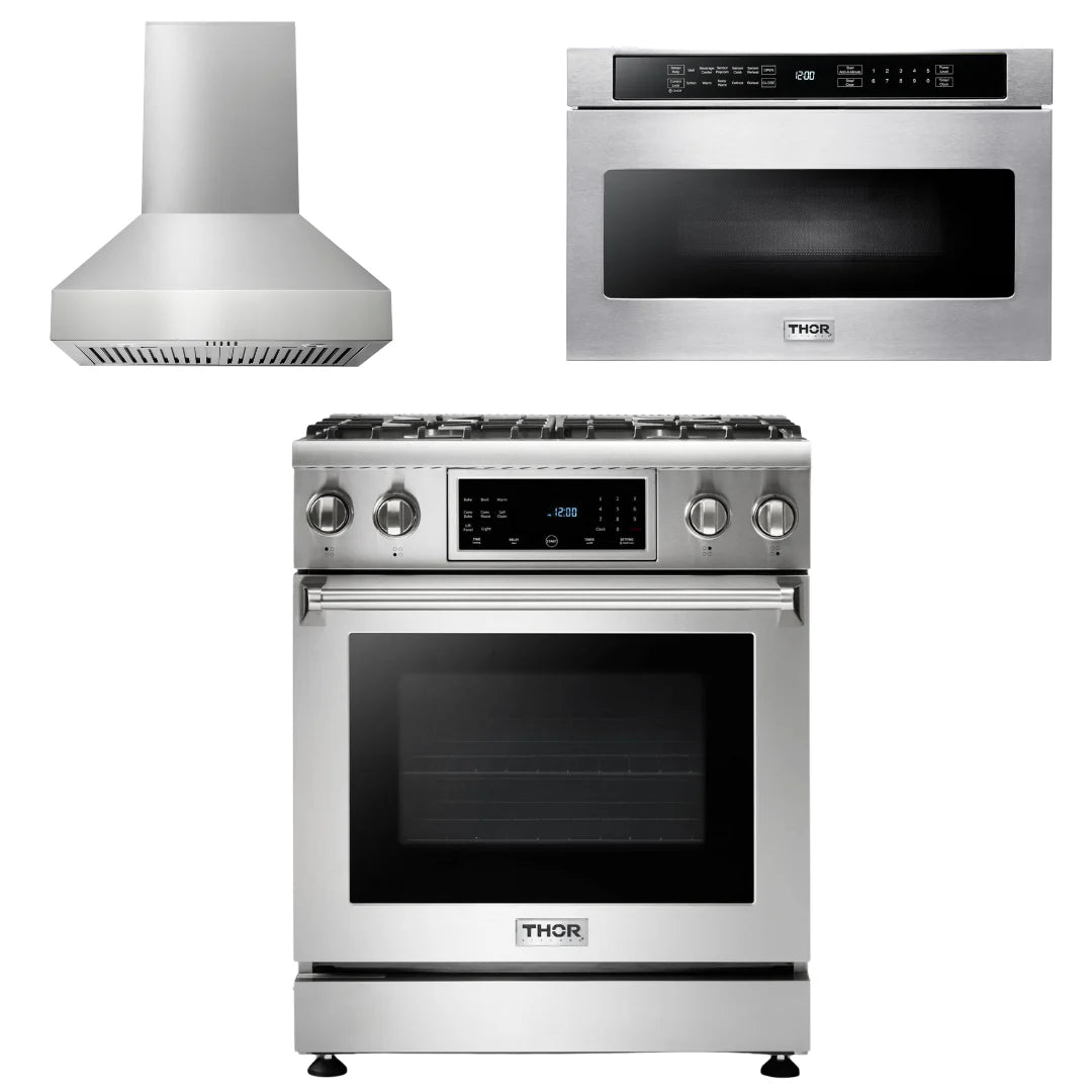 30 In. Propane Gas Range, Range Hood, Microwave Drawer M5716