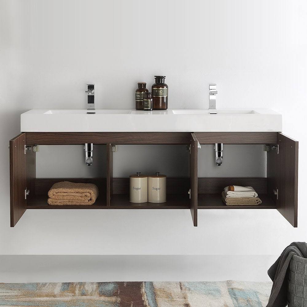 60 inch Walnut Wall Hung Double Sink Bathroom Cabinet V3508