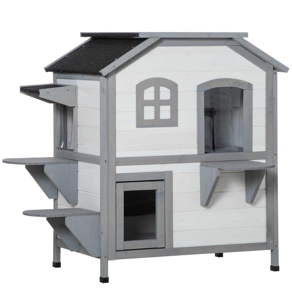 Wooden 2-Story Outdoor Cat House with Escape Door C520