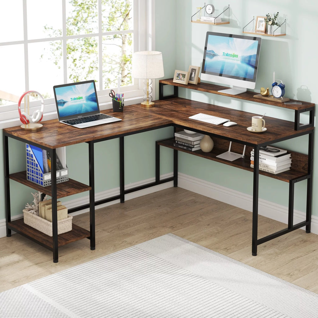59" L Shaped Desk with Monitor Stand and Storage Shelf Z945