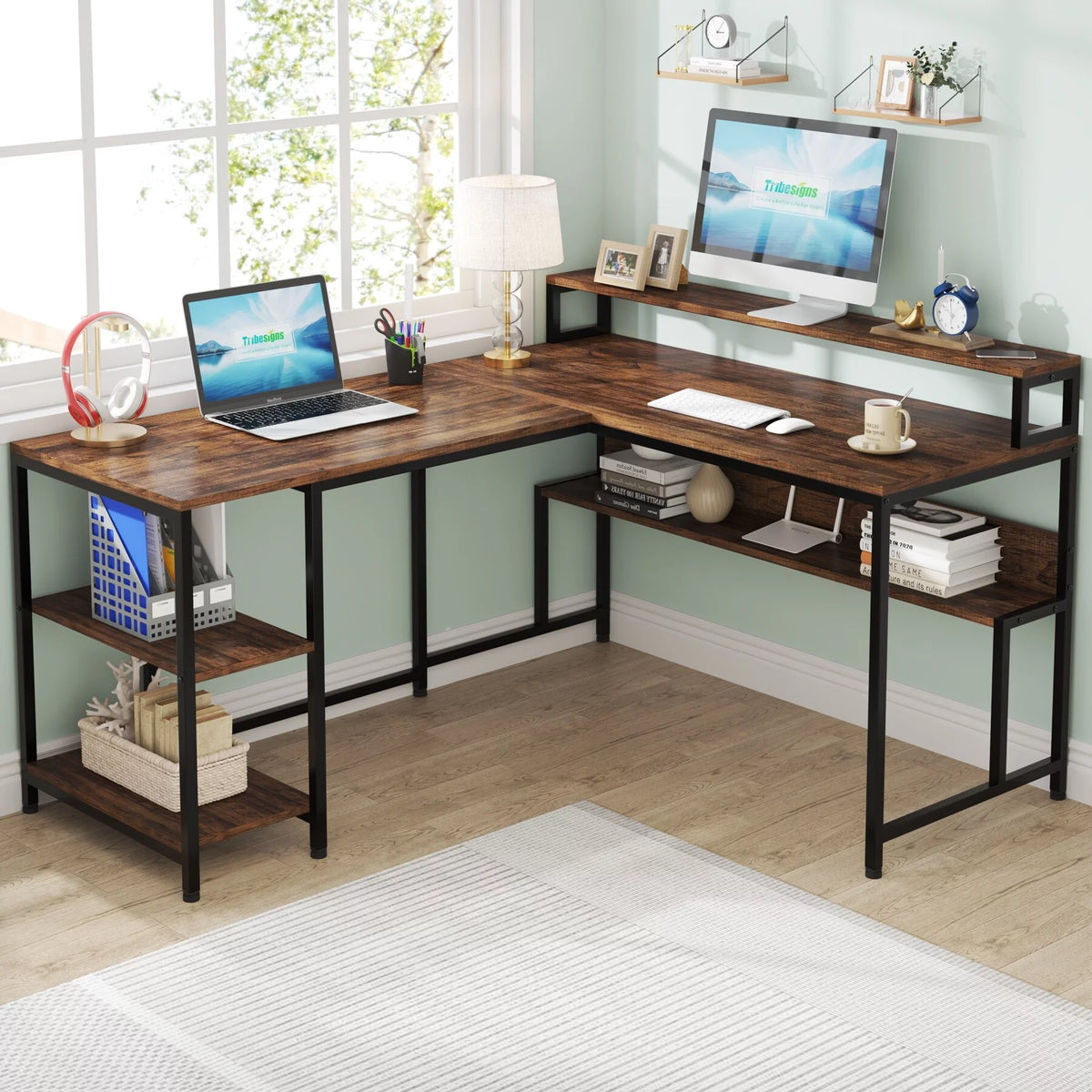 59" L Shaped Desk with Monitor Stand and Storage Shelf Z945