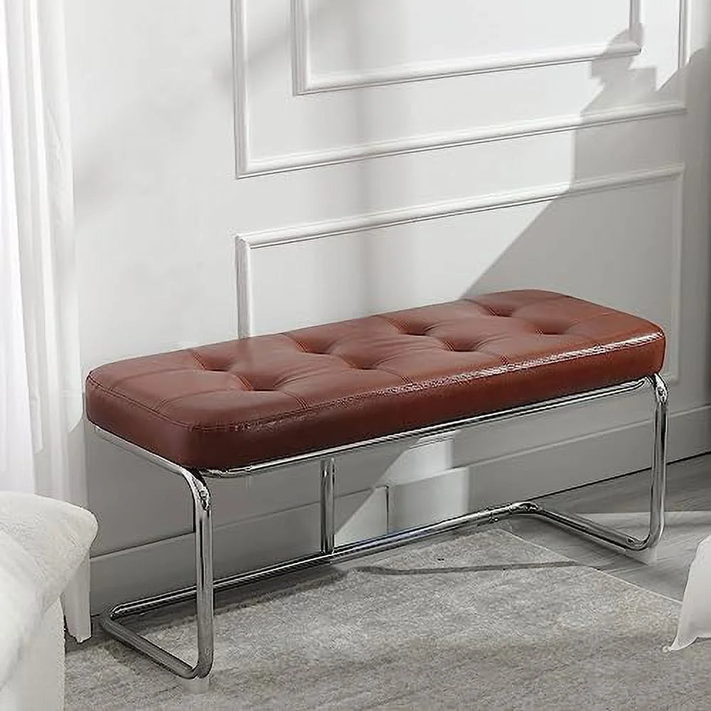 39 Inch Upholstered Leather Dining Bench with Metal Legs V364
