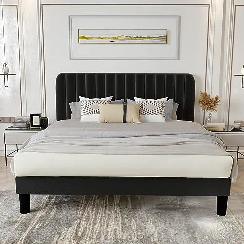 Queen Size Platform Bed Frame with Headboard Grey O900404
