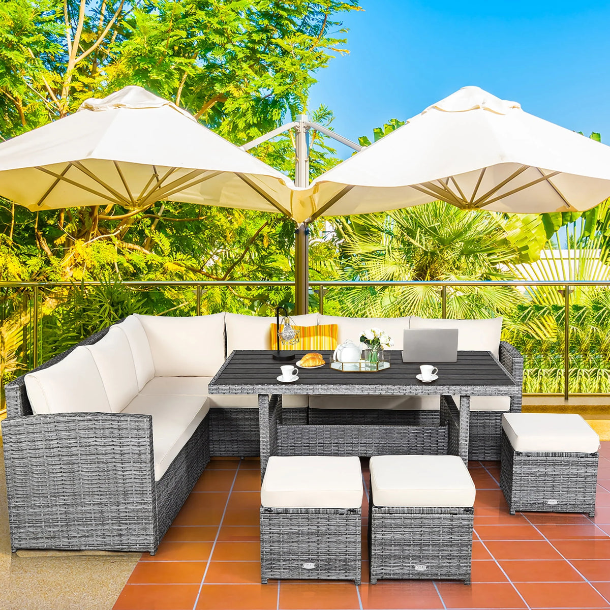 7 Pcs Patio Rattan Dining Set Sectional Sofa Couch Ottoman Black R835553