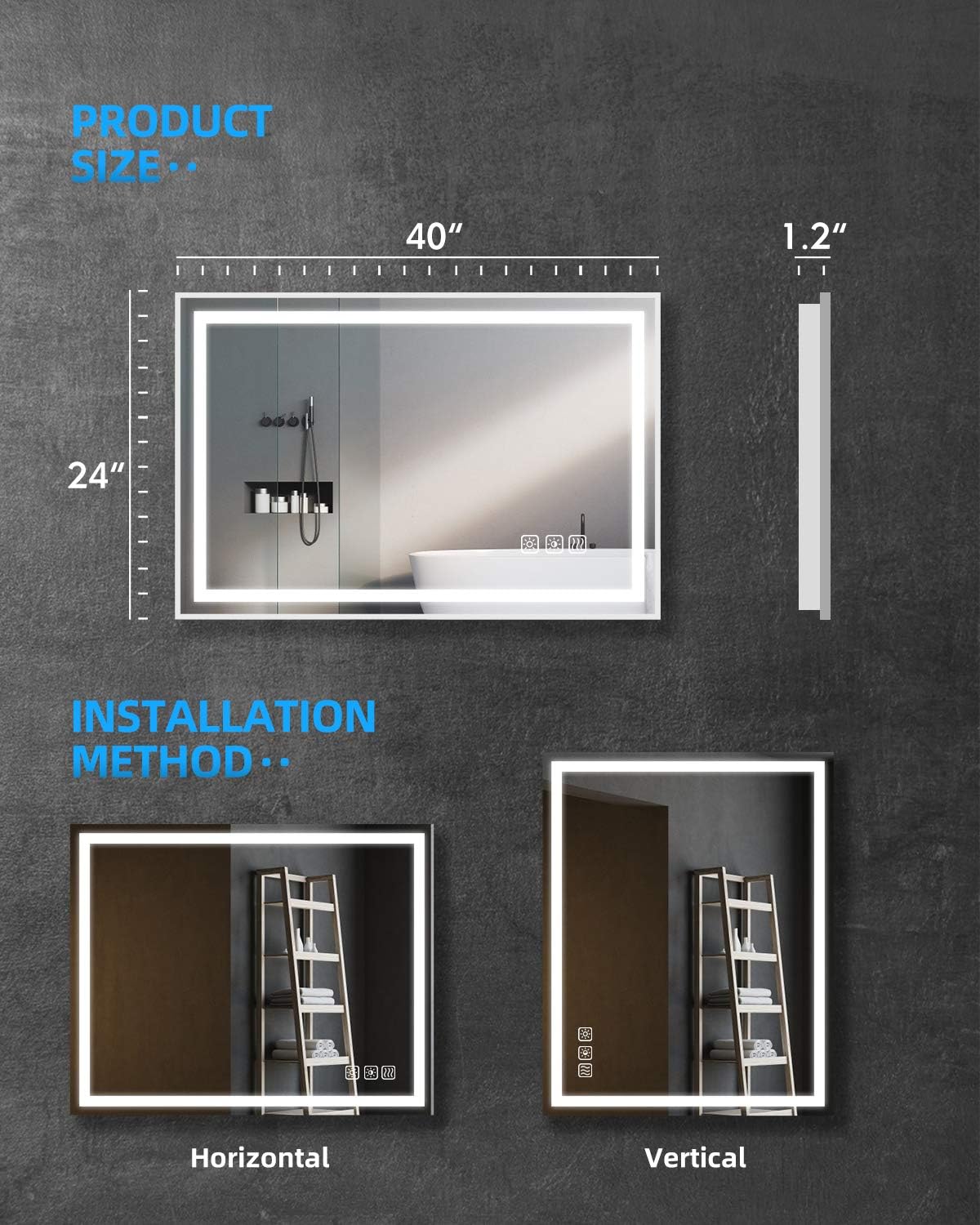 24 x 40 Inch LED Dimmable Anti-Fog Wall Mounted Vanity Mirror Y67761