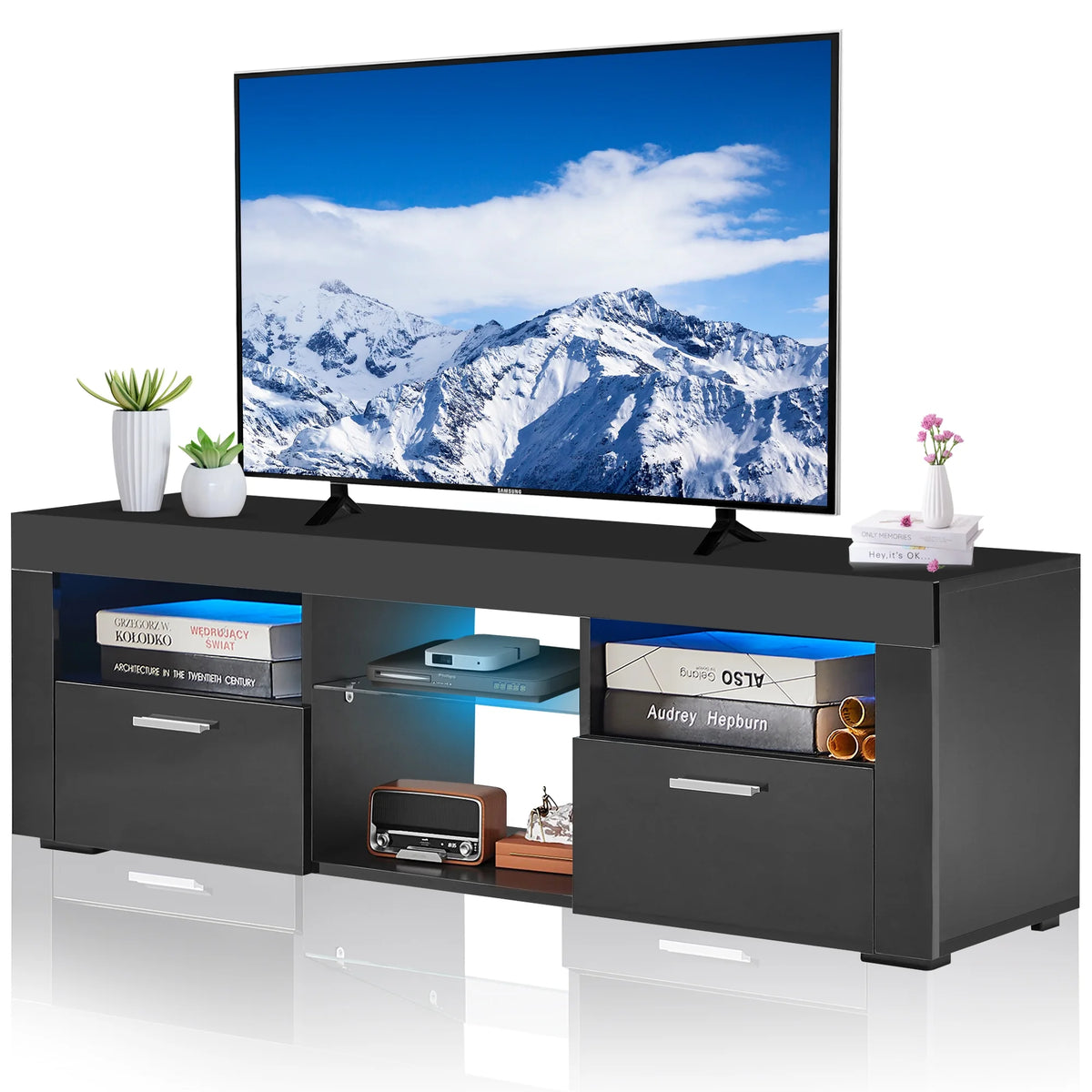 Black High Glossy TV Stand with LED Lights and Storage Shelves J88039