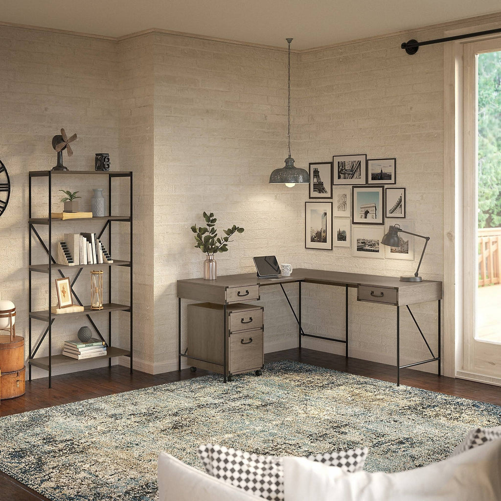 Gray L Shaped Writing Desk with File Cabinet and Bookcase H6974
