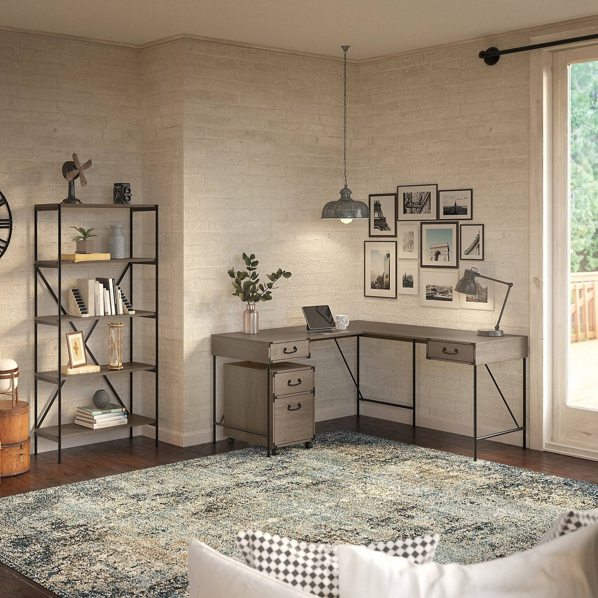Gray L Shaped Writing Desk with File Cabinet and Bookcase H6974
