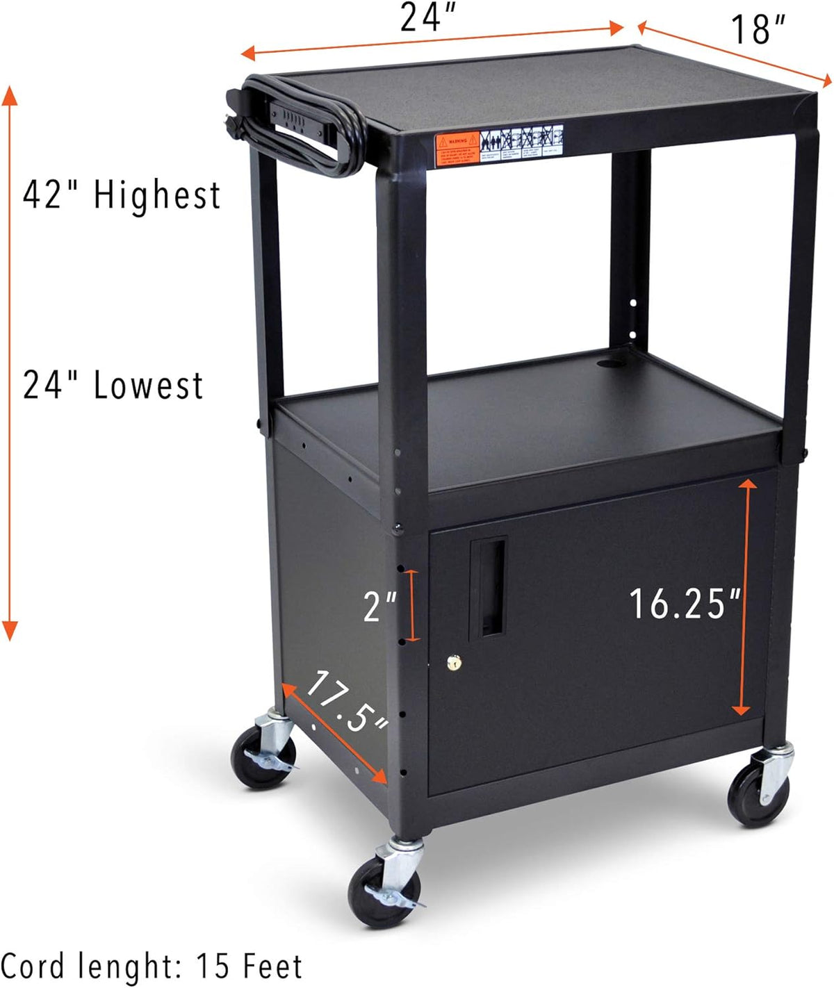 Black Height Adjustable AV Cart with Locking Cabinet X572