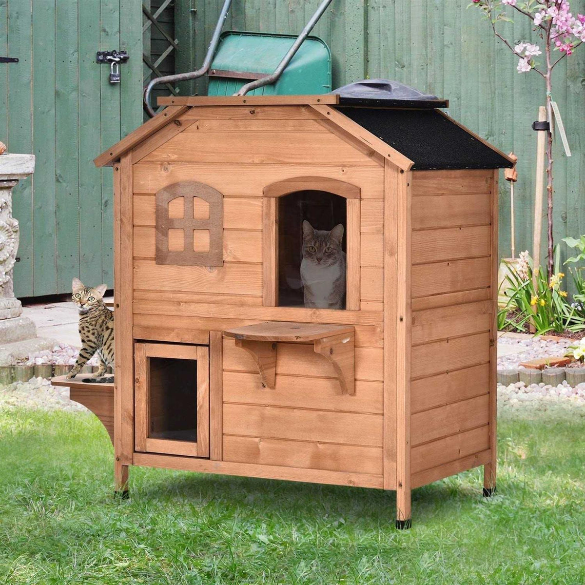 Wooden 2-Story Outdoor Cat House with Escape Door C520