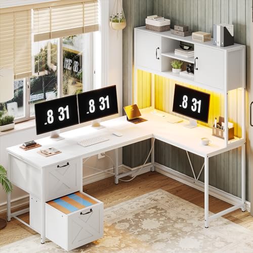 Black L Shaped Computer Desk with Fabric Drawers and Power Outlet Y38168