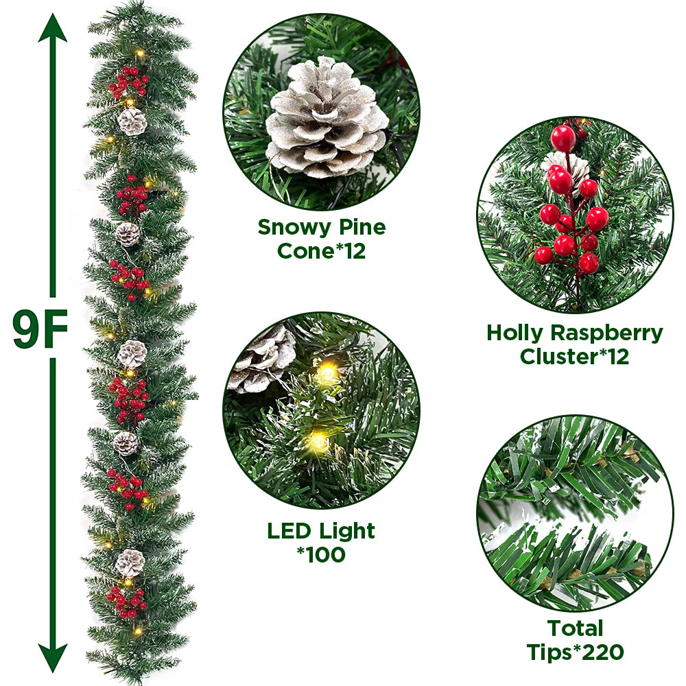 9ft Pre-Lit Christmas Garland with 50 LED Light and Pine Cones and Berries R740727