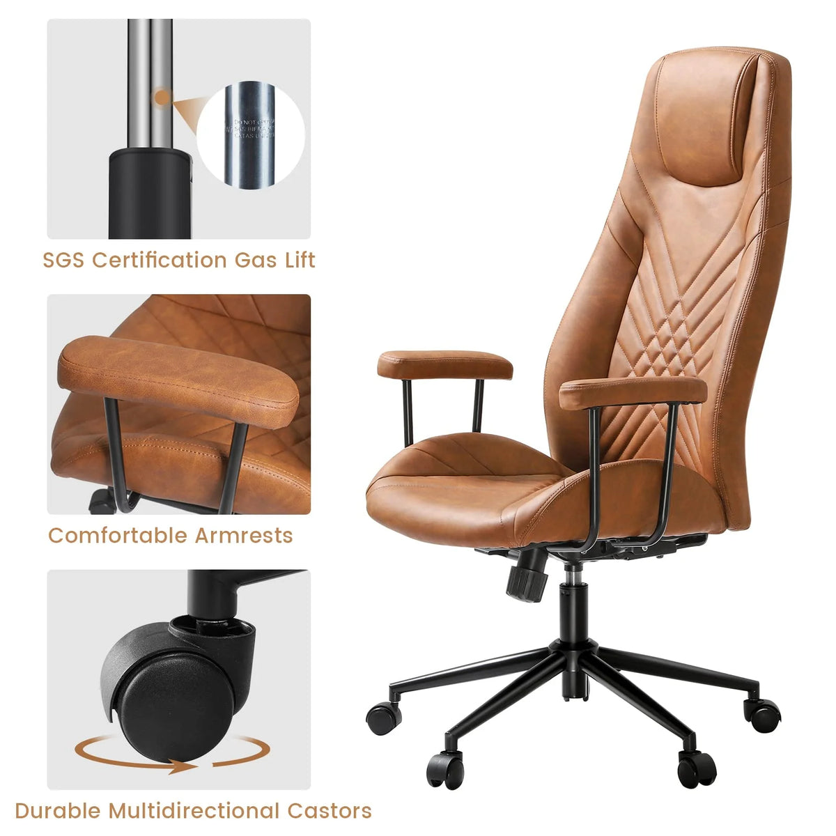 High Back Office Chair with Armrest Brown U628