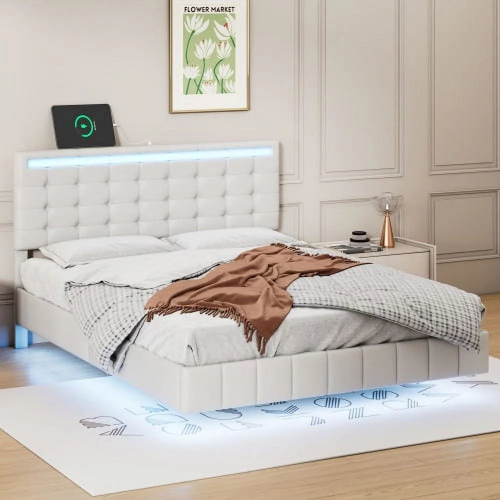 Full Size Black Upholstered Platform Bed Frame with LED Lights G451