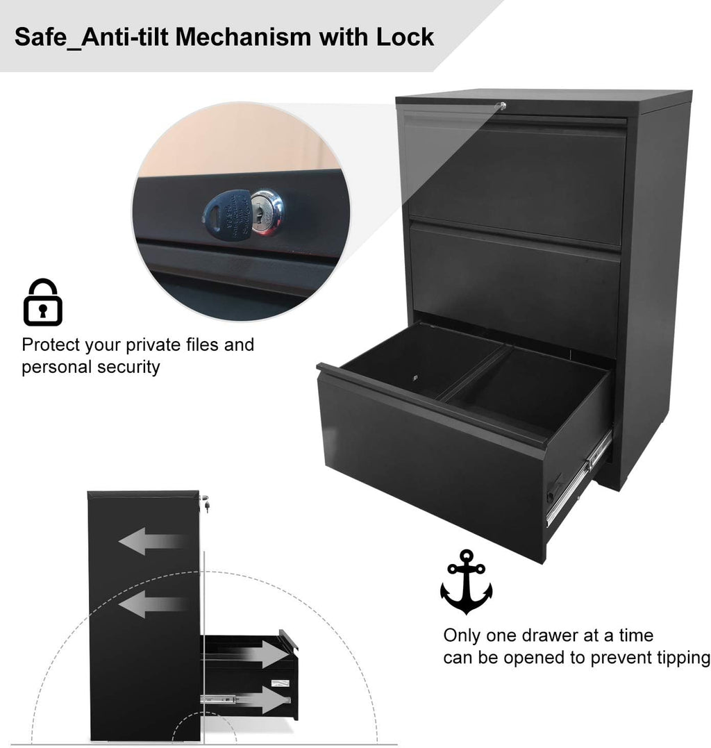 3 Drawer Black Metal Lateral File Cabinet with Lock J1775