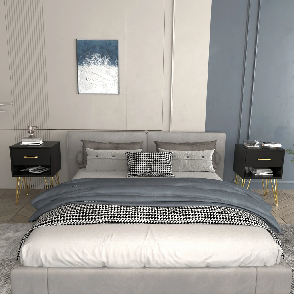 Black 1 Drawer Wood Nightstand with Metal Legs N272950