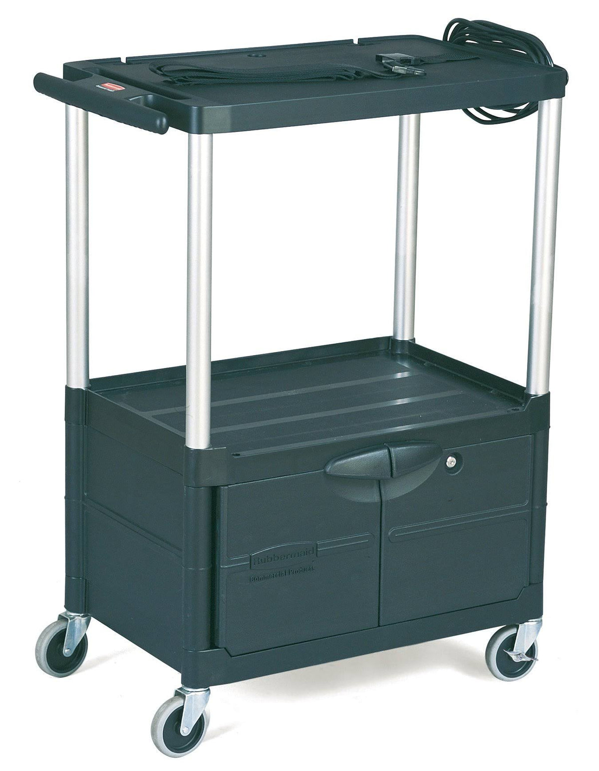 Black Three-Shelf AV Cart with Cabinet W6661
