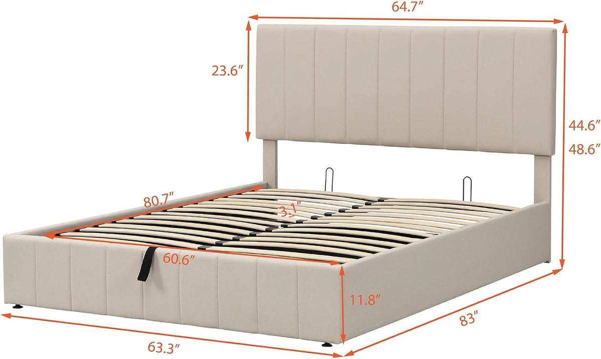 Beige Queen Upholstered Platform Bed with Storage and Headboard E996