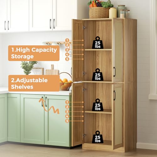 67" Tall Oak Rattan Storage Cabinet with Doors and Adjustable Shelves A70354