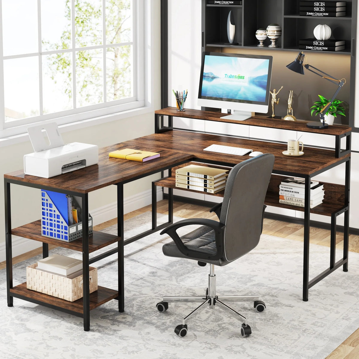59" L Shaped Desk with Monitor Stand and Storage Shelf Z945
