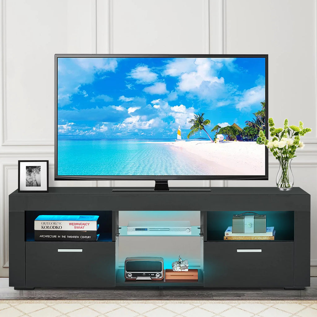 Black High Glossy TV Stand with LED Lights and Storage Shelves J88039