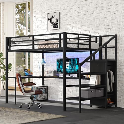Black Full Loft Bed with L-shaped Desk, USB, Wardrobe & Stairs Z8500