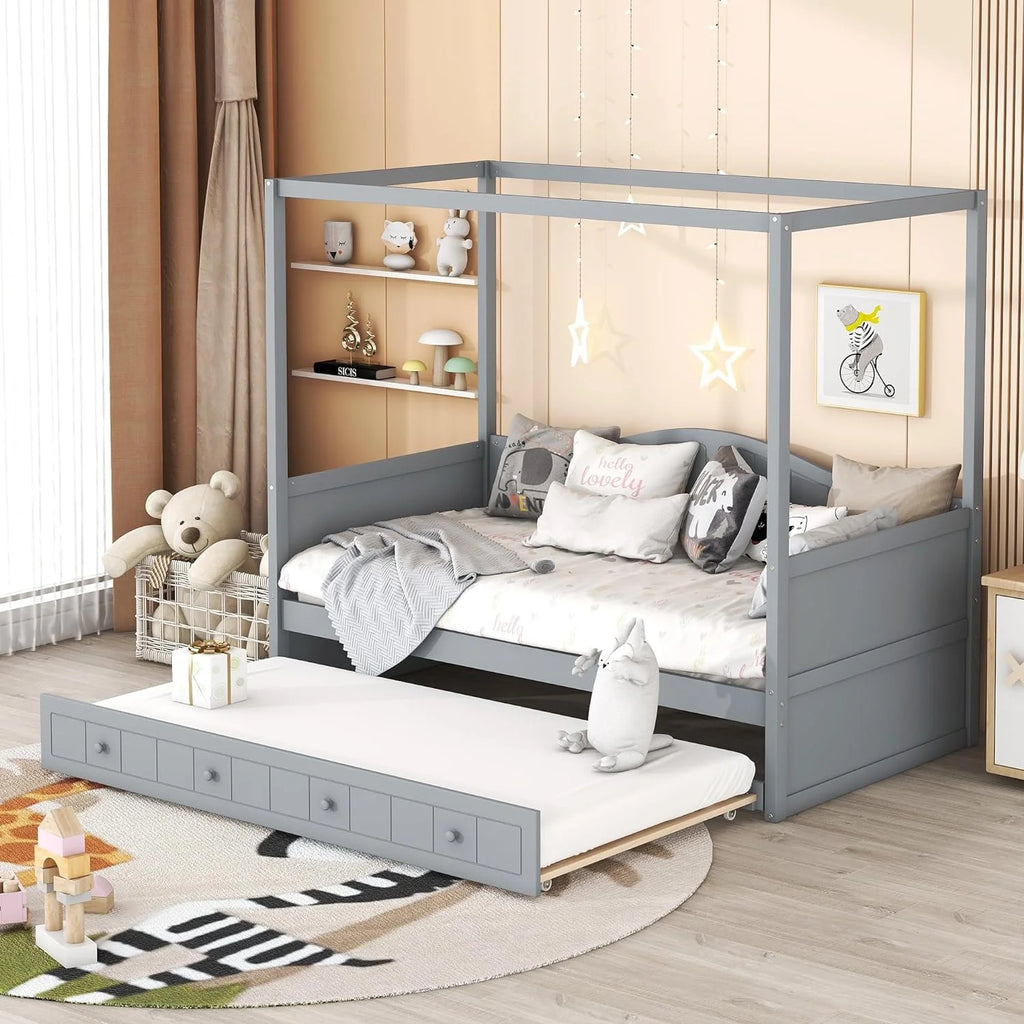 Gray Wooden Canopy Bed with Trundle S475