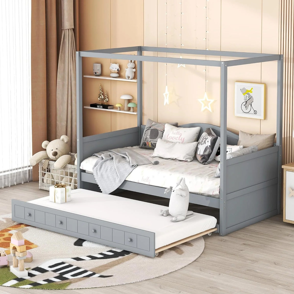Gray Wooden Canopy Bed with Trundle S475